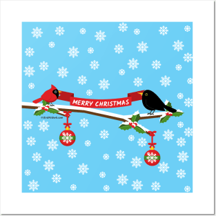 Cute Blackbird And Cardinal On A Branch Wishing Merry Christmas Posters and Art